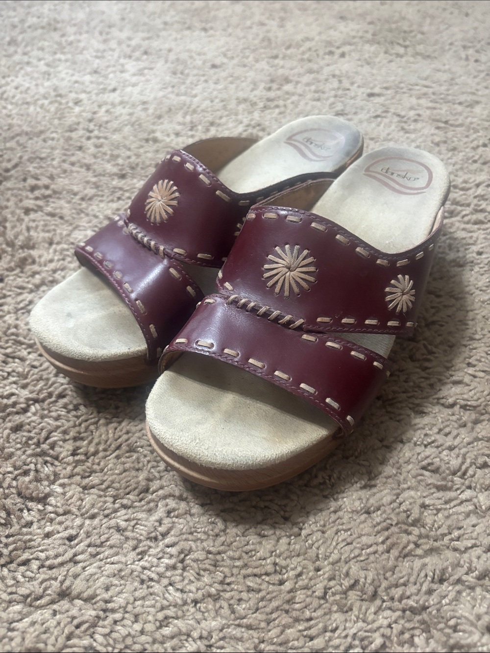 Clarks Wine Leather Slide Sandals with Sunburst Embroidery